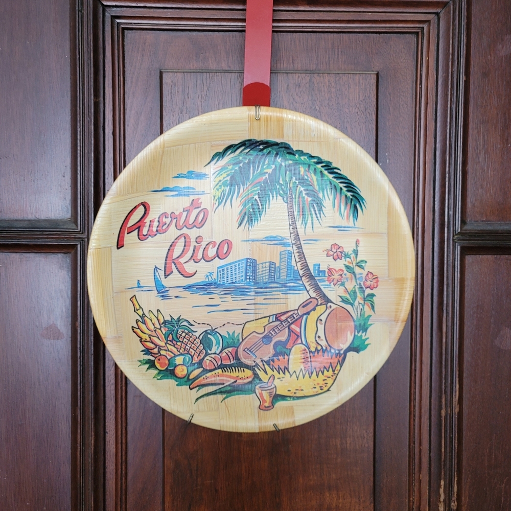 Vintage 11" Round Bamboo Puerto Rico Souvenir Bar Tray from 60s-70s
